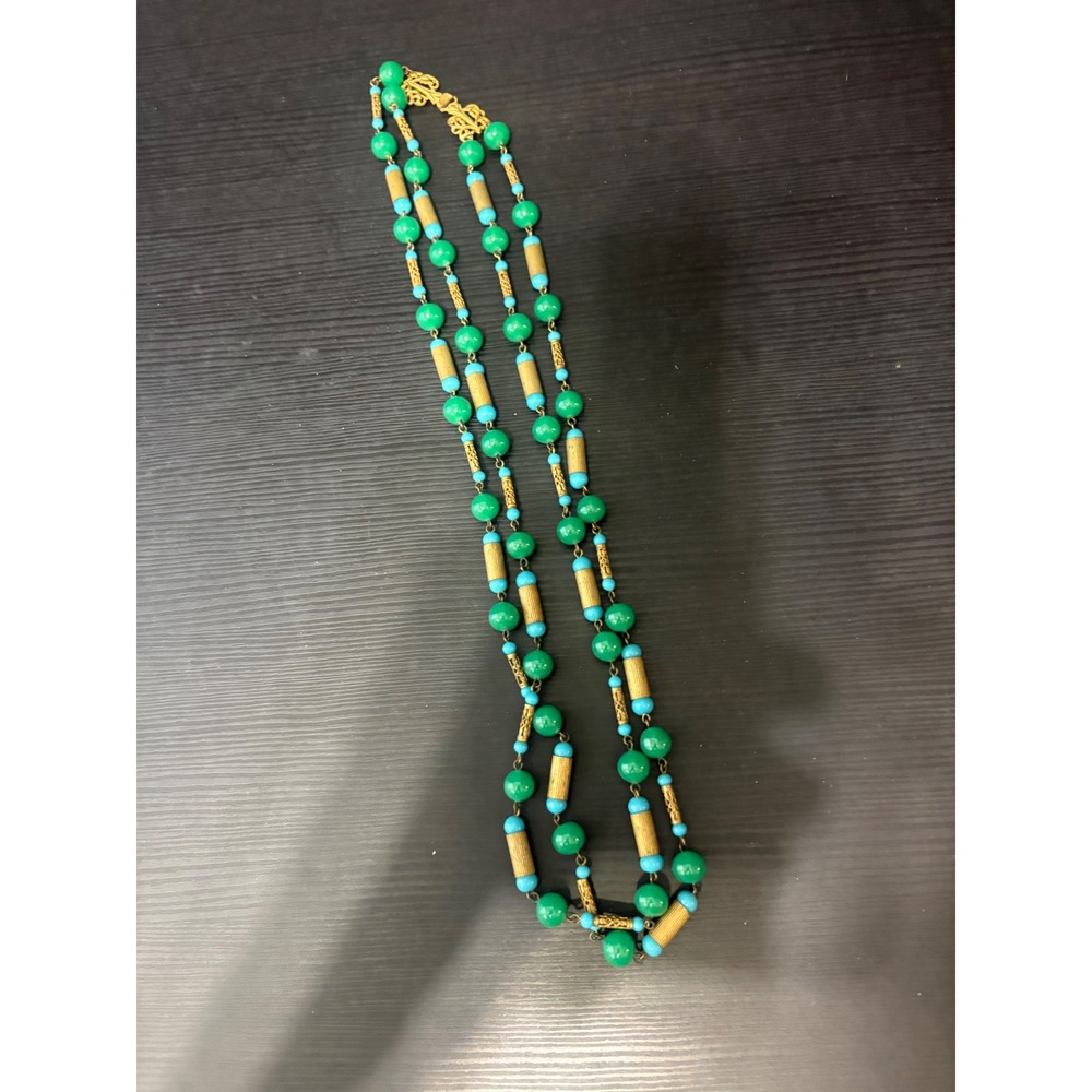 Vintage turquoise and jade colored bead with  brass barrels double necklace